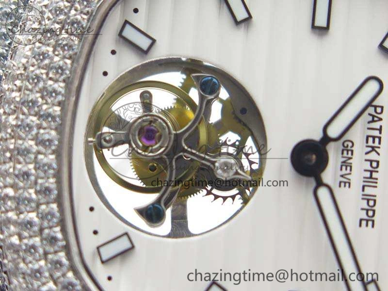 Nautilus Jumbo 5711 Tourbillon SS Full Paved Diamonds White Dial On Black Croc Leather Strap