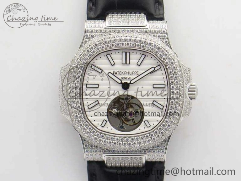Nautilus Jumbo 5711 Tourbillon SS Full Paved Diamonds White Dial On Black Croc Leather Strap