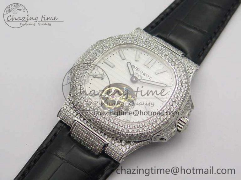 Nautilus Jumbo 5711 Tourbillon SS Full Paved Diamonds White Dial On Black Croc Leather Strap
