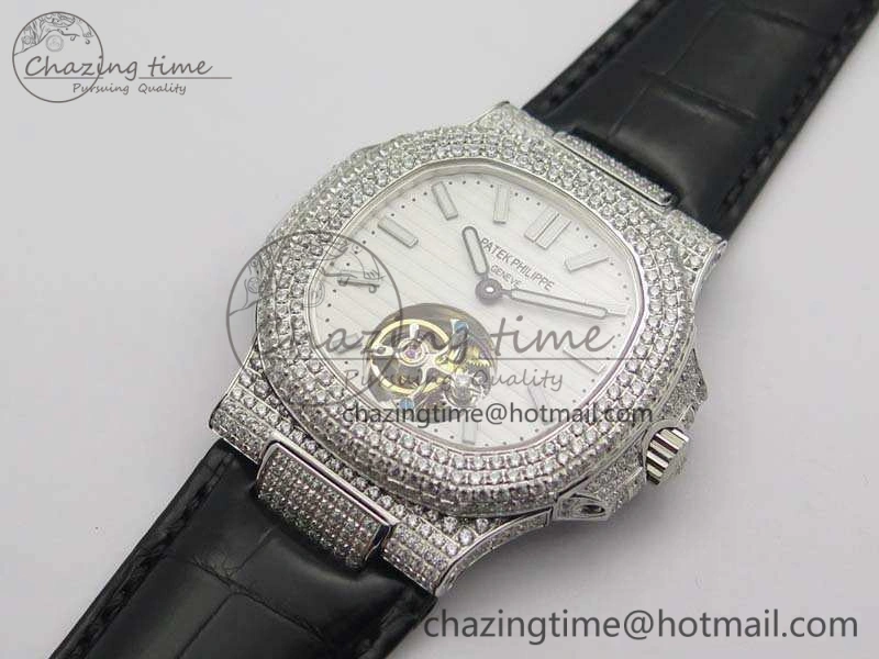 Nautilus Jumbo 5711 Tourbillon SS Full Paved Diamonds White Dial On Black Croc Leather Strap