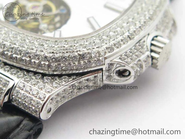 Nautilus Jumbo 5711 Tourbillon SS Full Paved Diamonds White Dial On Black Croc Leather Strap