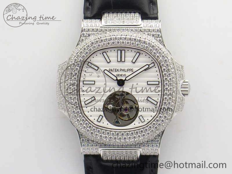 Nautilus Jumbo 5711 Tourbillon SS Full Paved Diamonds White Dial On Black Croc Leather Strap