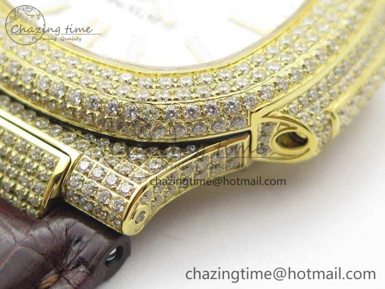 Nautilus Jumbo 5711 Tourbillon YG Full Paved Diamonds White Dial On Brown Croc Leather Strap