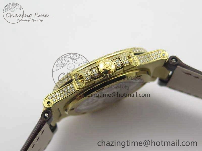 Nautilus Jumbo 5711 Tourbillon YG Full Paved Diamonds White Dial On Brown Croc Leather Strap