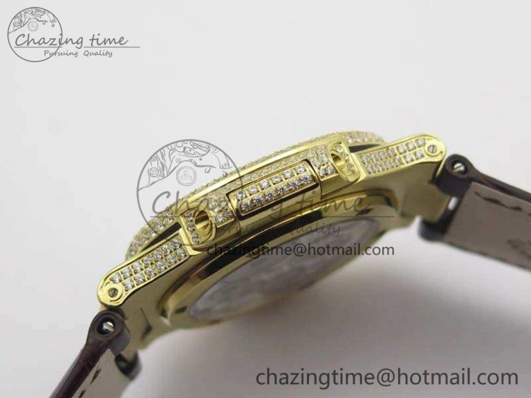 Nautilus Jumbo 5711 Tourbillon YG Full Paved Diamonds White Dial On Brown Croc Leather Strap