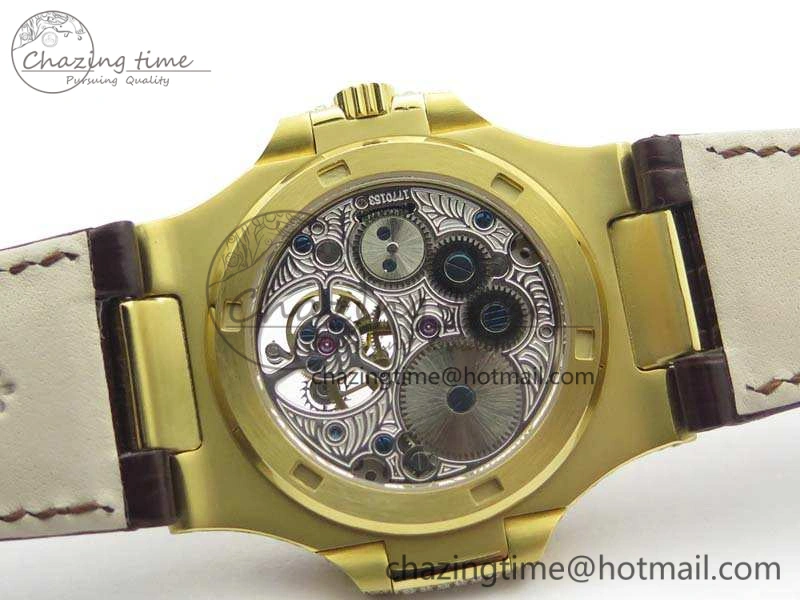 Nautilus Jumbo 5711 Tourbillon YG Full Paved Diamonds White Dial On Brown Croc Leather Strap