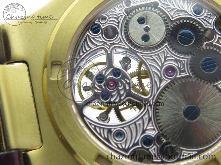 Nautilus Jumbo 5711 Tourbillon YG Full Paved Diamonds White Dial On Brown Croc Leather Strap