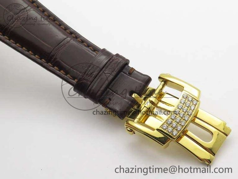 Nautilus Jumbo 5711 Tourbillon YG Full Paved Diamonds White Dial On Brown Croc Leather Strap