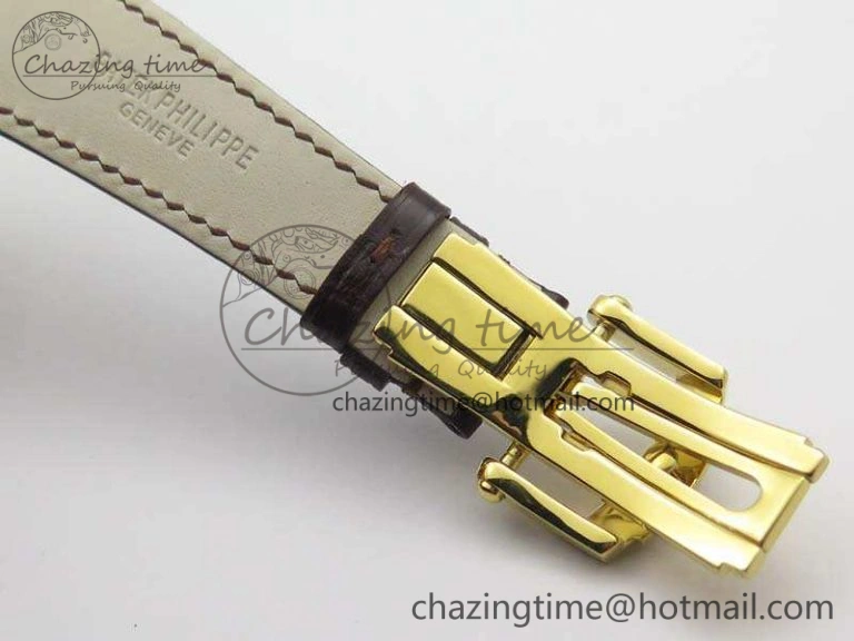 Nautilus Jumbo 5711 Tourbillon YG Full Paved Diamonds White Dial On Brown Croc Leather Strap
