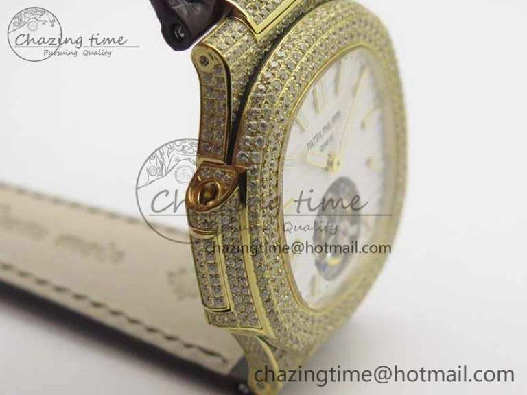 Nautilus Jumbo 5711 Tourbillon YG Full Paved Diamonds White Dial On Brown Croc Leather Strap