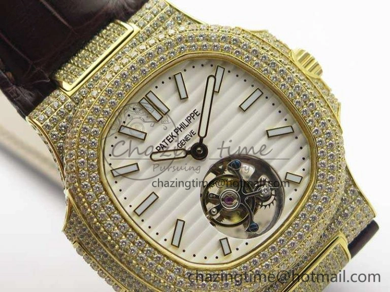 Nautilus Jumbo 5711 Tourbillon YG Full Paved Diamonds White Dial On Brown Croc Leather Strap
