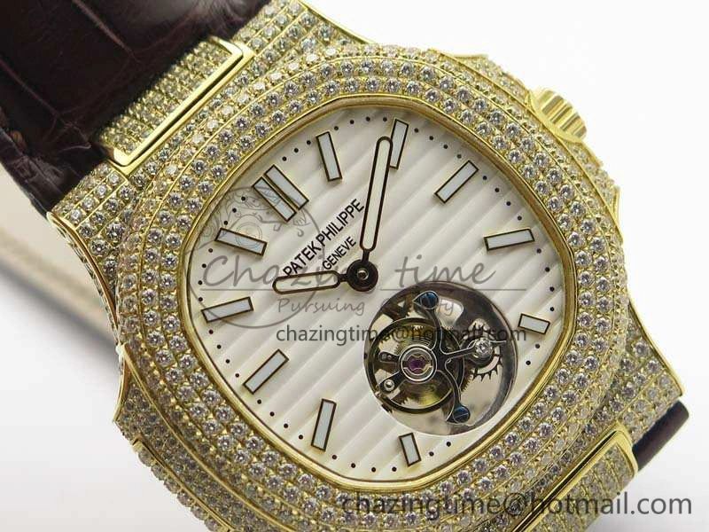 Nautilus Jumbo 5711 Tourbillon YG Full Paved Diamonds White Dial On Brown Croc Leather Strap