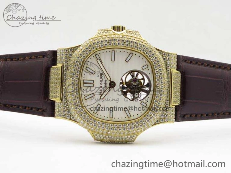 Nautilus Jumbo 5711 Tourbillon YG Full Paved Diamonds White Dial On Brown Croc Leather Strap