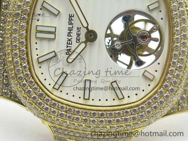 Nautilus Jumbo 5711 Tourbillon YG Full Paved Diamonds White Dial On Brown Croc Leather Strap