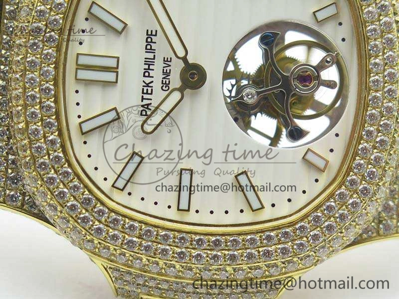 Nautilus Jumbo 5711 Tourbillon YG Full Paved Diamonds White Dial On Brown Croc Leather Strap