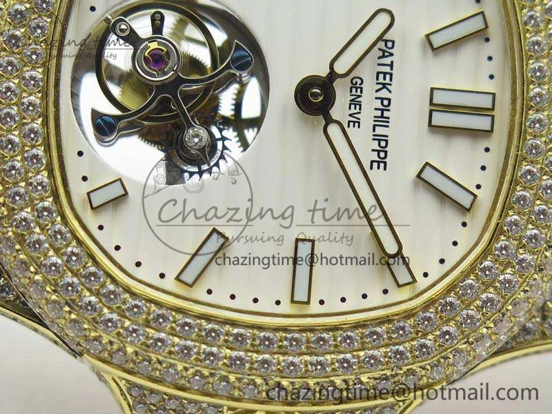 Nautilus Jumbo 5711 Tourbillon YG Full Paved Diamonds White Dial On Brown Croc Leather Strap