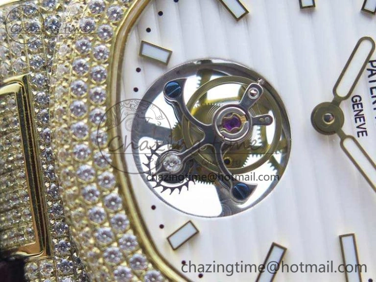 Nautilus Jumbo 5711 Tourbillon YG Full Paved Diamonds White Dial On Brown Croc Leather Strap
