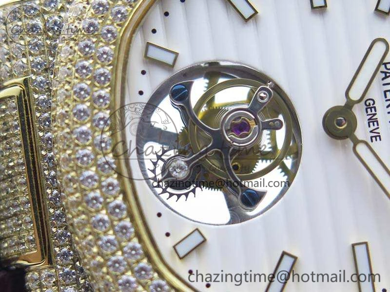 Nautilus Jumbo 5711 Tourbillon YG Full Paved Diamonds White Dial On Brown Croc Leather Strap