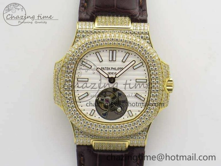 Nautilus Jumbo 5711 Tourbillon YG Full Paved Diamonds White Dial On Brown Croc Leather Strap