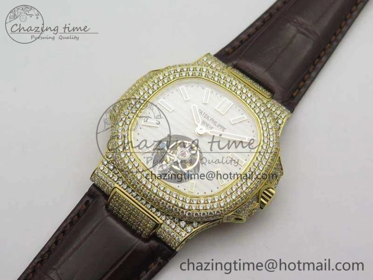 Nautilus Jumbo 5711 Tourbillon YG Full Paved Diamonds White Dial On Brown Croc Leather Strap