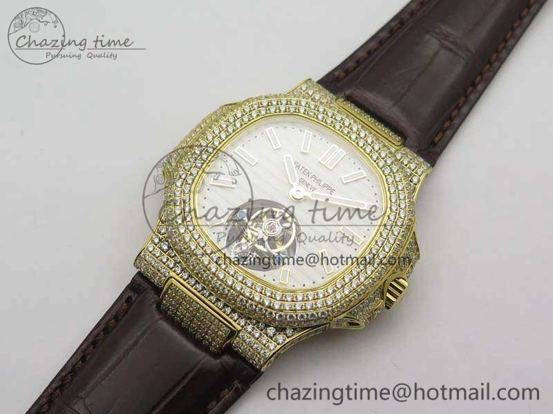 Nautilus Jumbo 5711 Tourbillon YG Full Paved Diamonds White Dial On Brown Croc Leather Strap