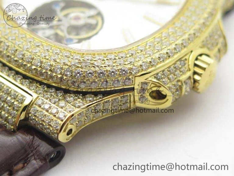 Nautilus Jumbo 5711 Tourbillon YG Full Paved Diamonds White Dial On Brown Croc Leather Strap