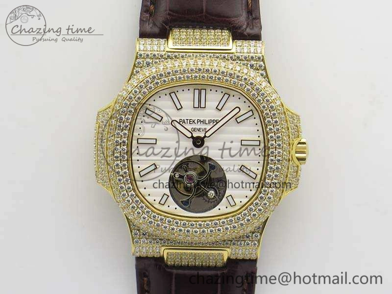 Nautilus Jumbo 5711 Tourbillon YG Full Paved Diamonds White Dial On Brown Croc Leather Strap