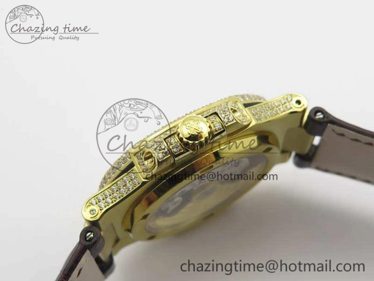 Nautilus Jumbo 5711 YG Full Paved Diamonds White Dial On Brown Croc Leather Strap A324