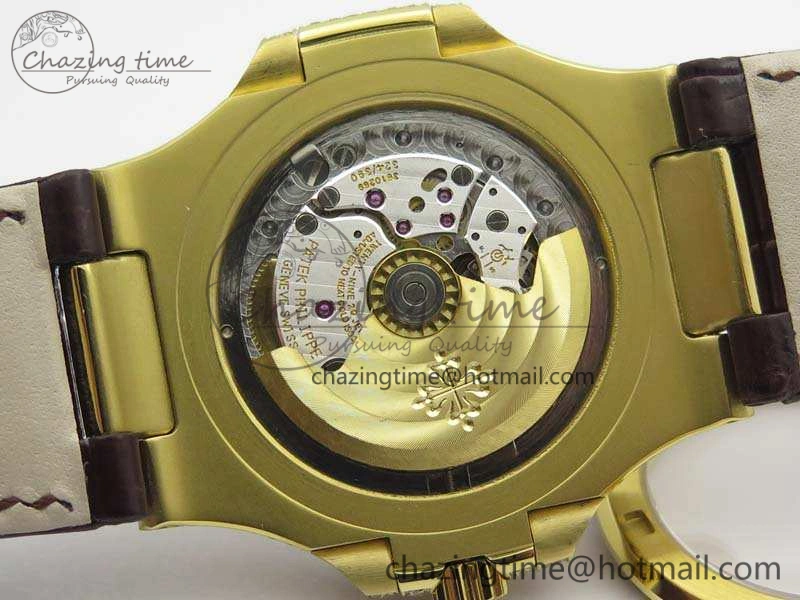 Nautilus Jumbo 5711 YG Full Paved Diamonds White Dial On Brown Croc Leather Strap A324