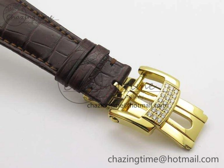 Nautilus Jumbo 5711 YG Full Paved Diamonds White Dial On Brown Croc Leather Strap A324