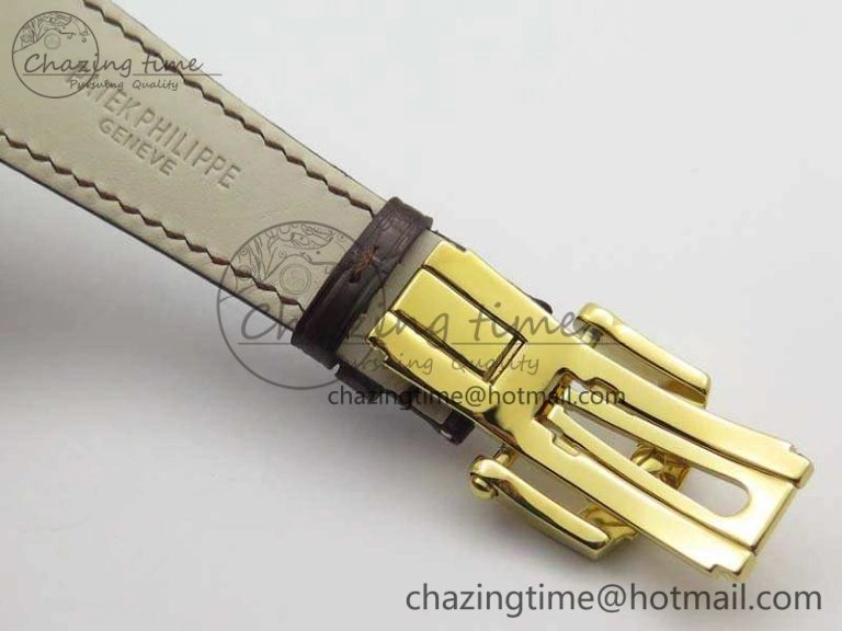 Nautilus Jumbo 5711 YG Full Paved Diamonds White Dial On Brown Croc Leather Strap A324