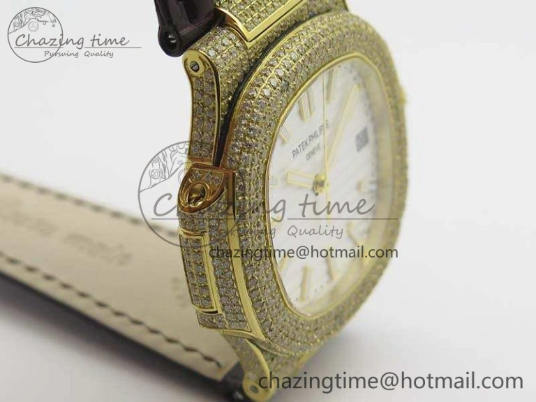 Nautilus Jumbo 5711 YG Full Paved Diamonds White Dial On Brown Croc Leather Strap A324
