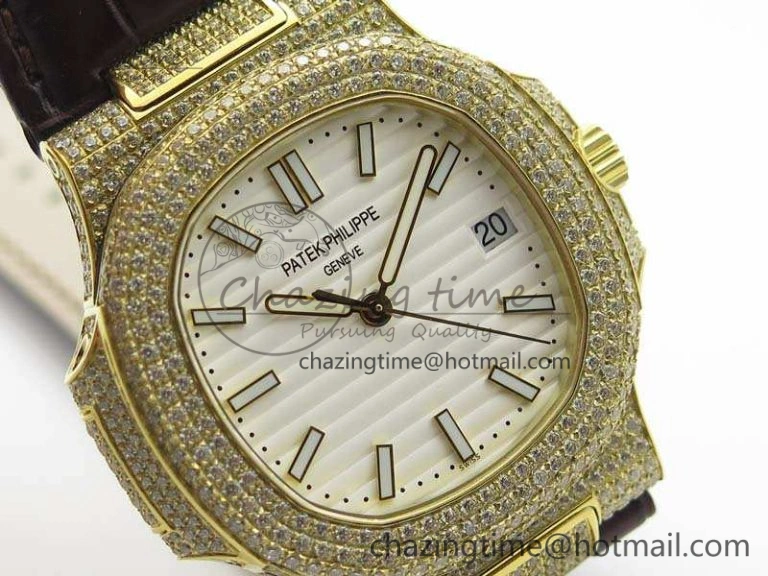 Nautilus Jumbo 5711 YG Full Paved Diamonds White Dial On Brown Croc Leather Strap A324