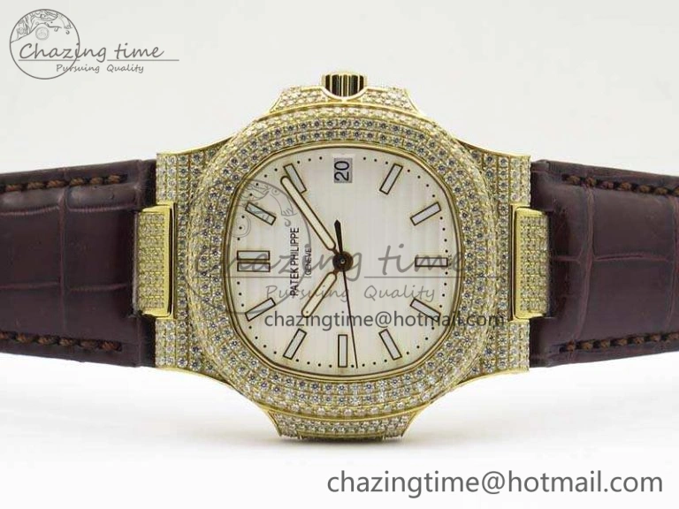 Nautilus Jumbo 5711 YG Full Paved Diamonds White Dial On Brown Croc Leather Strap A324