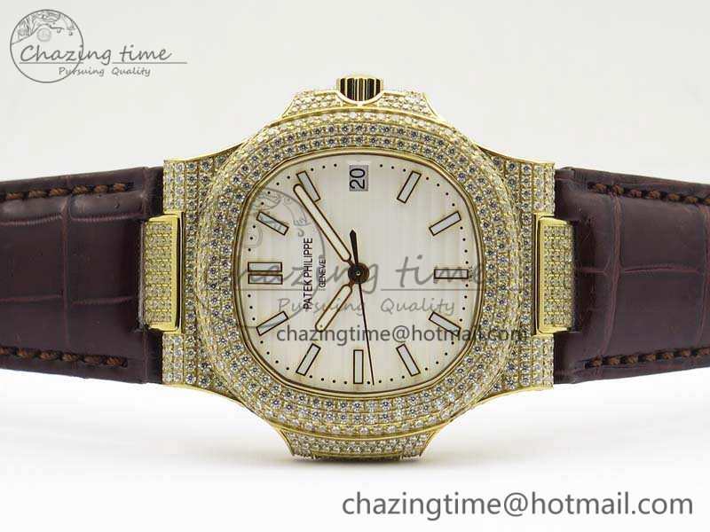 Nautilus Jumbo 5711 YG Full Paved Diamonds White Dial On Brown Croc Leather Strap A324