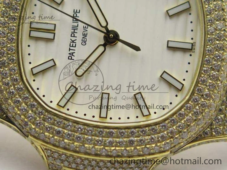 Nautilus Jumbo 5711 YG Full Paved Diamonds White Dial On Brown Croc Leather Strap A324
