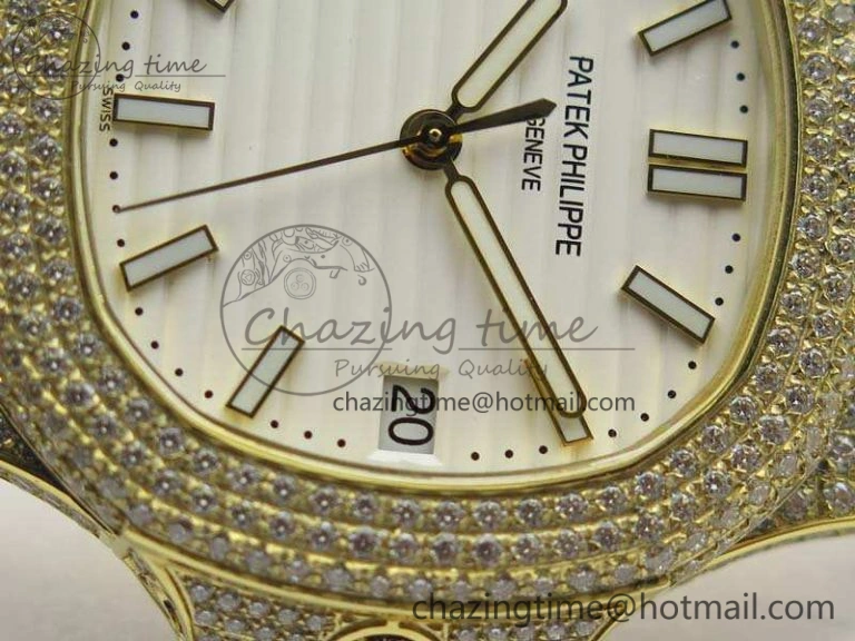 Nautilus Jumbo 5711 YG Full Paved Diamonds White Dial On Brown Croc Leather Strap A324