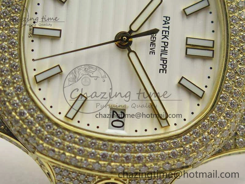 Nautilus Jumbo 5711 YG Full Paved Diamonds White Dial On Brown Croc Leather Strap A324