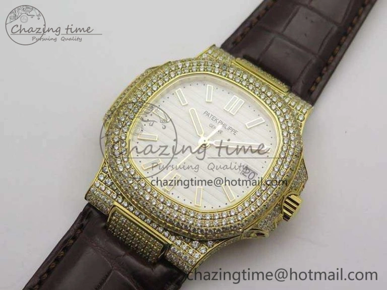 Nautilus Jumbo 5711 YG Full Paved Diamonds White Dial On Brown Croc Leather Strap A324