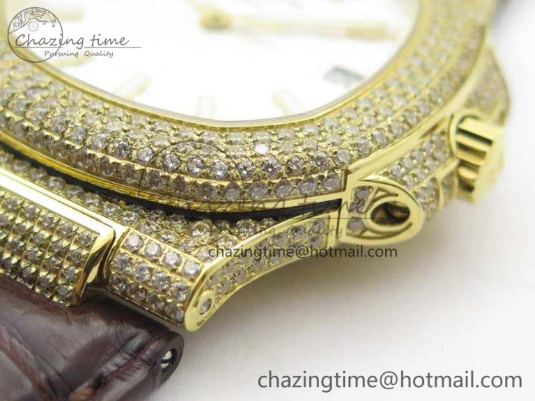 Nautilus Jumbo 5711 YG Full Paved Diamonds White Dial On Brown Croc Leather Strap A324