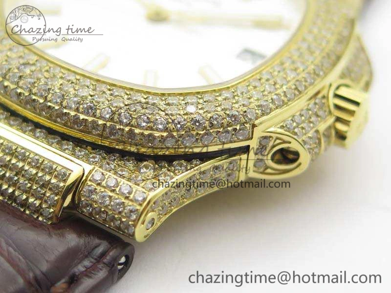 Nautilus Jumbo 5711 YG Full Paved Diamonds White Dial On Brown Croc Leather Strap A324