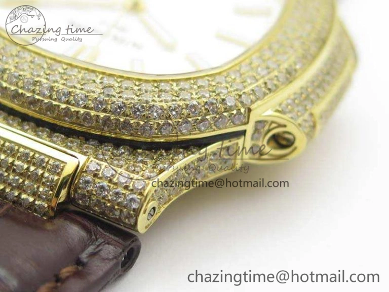 Nautilus Jumbo 5711 YG Full Paved Diamonds White Dial On Brown Croc Leather Strap A324