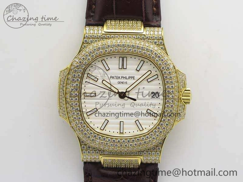 Nautilus Jumbo 5711 YG Full Paved Diamonds White Dial On Brown Croc Leather Strap A324