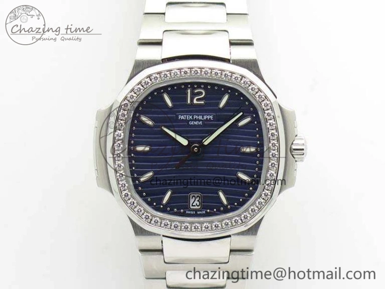 Nautilus Jumbo Ladies 7018 PF 1:1 Best Edition Blue Dial Diam Bezel On SS Bracelet A324 Clone