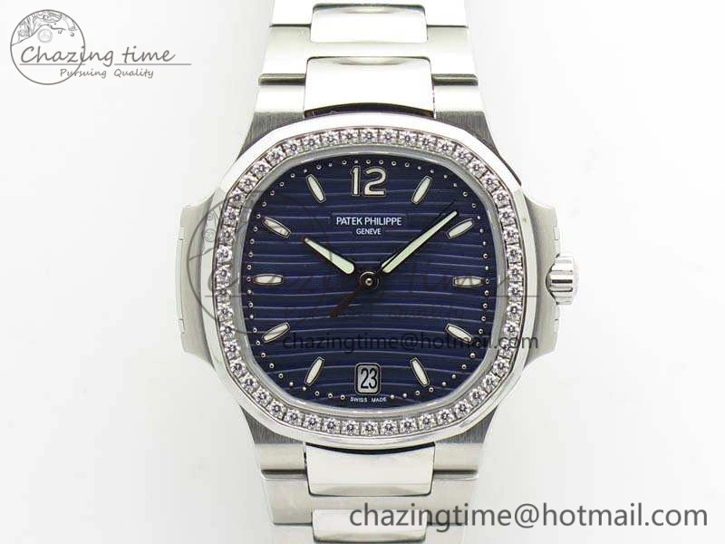 Nautilus Jumbo Ladies 7018 PF 1:1 Best Edition Blue Dial Diam Bezel On SS Bracelet A324 Clone