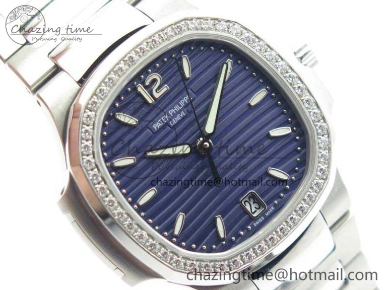 Nautilus Jumbo Ladies 7018 PF 1:1 Best Edition Blue Dial Diam Bezel On SS Bracelet A324 Clone