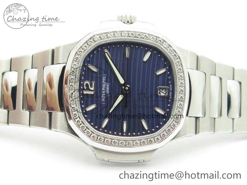Nautilus Jumbo Ladies 7018 PF 1:1 Best Edition Blue Dial Diam Bezel On SS Bracelet A324 Clone