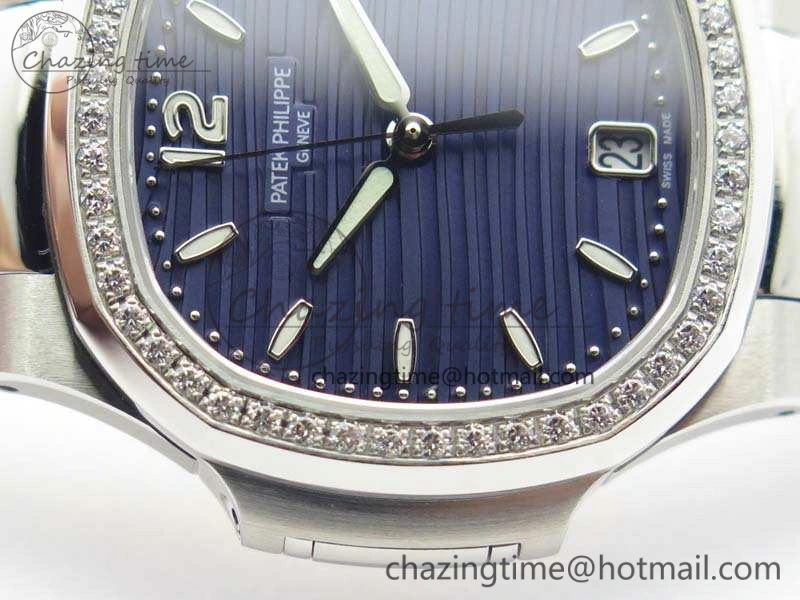 Nautilus Jumbo Ladies 7018 PF 1:1 Best Edition Blue Dial Diam Bezel On SS Bracelet A324 Clone