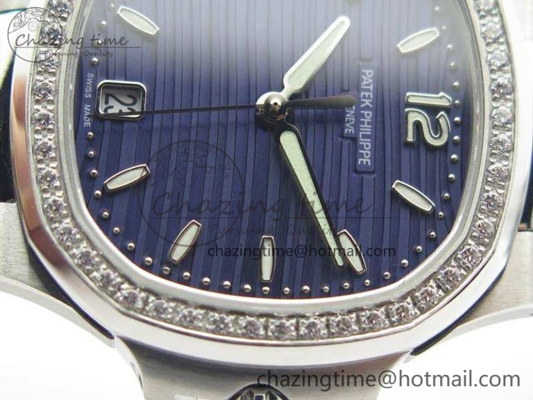 Nautilus Jumbo Ladies 7018 PF 1:1 Best Edition Blue Dial Diam Bezel On SS Bracelet A324 Clone