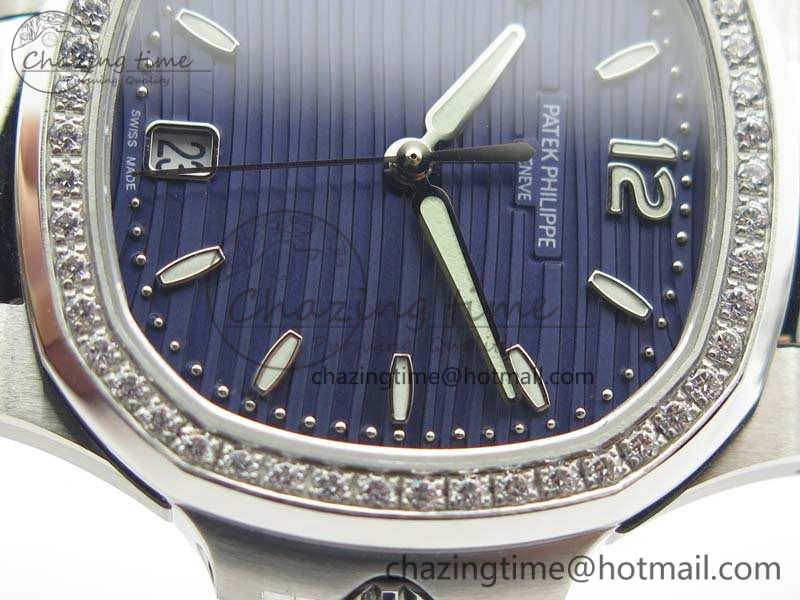 Nautilus Jumbo Ladies 7018 PF 1:1 Best Edition Blue Dial Diam Bezel On SS Bracelet A324 Clone